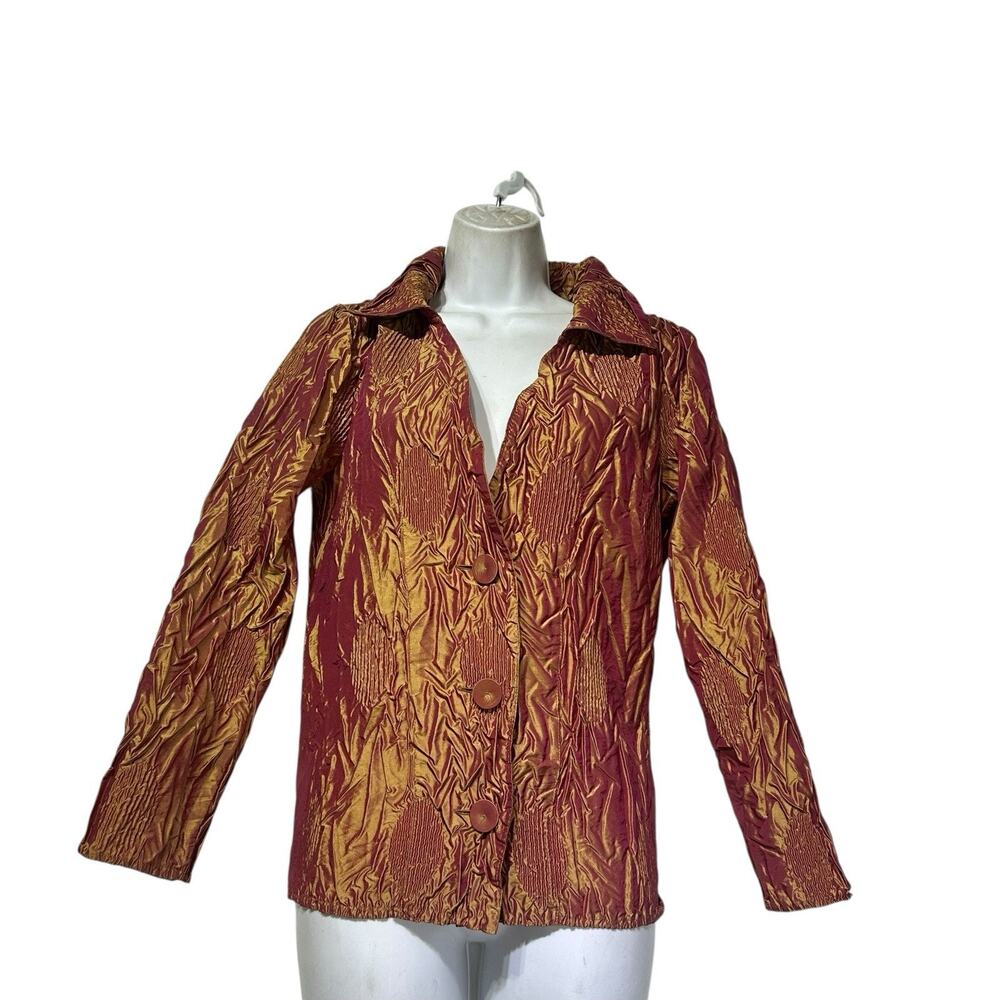 Veeca XS Metallic Crinkle Button Blazer Jacket Gold Red Retro Y2K Boho